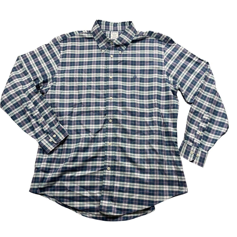 Brooks Brothers XL Regent Blue Plaid Button‎ Up Button Collar 100% Cotton